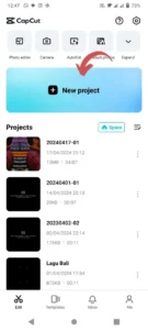 tap on the New Project button in capcut mod APK